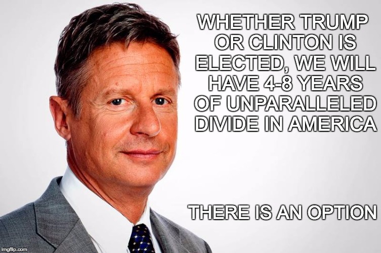 The Other Option | WHETHER TRUMP OR CLINTON IS ELECTED, WE WILL HAVE 4-8 YEARS OF UNPARALLELED DIVIDE IN AMERICA; THERE IS AN OPTION | image tagged in gary johnson feelthejohnson,hillary clinton,donald trump | made w/ Imgflip meme maker