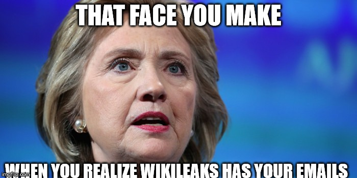 Hillary Clinton Wikileaks Shock | THAT FACE YOU MAKE; WHEN YOU REALIZE WIKILEAKS HAS YOUR EMAILS | image tagged in hillary clinton,wikileaks | made w/ Imgflip meme maker