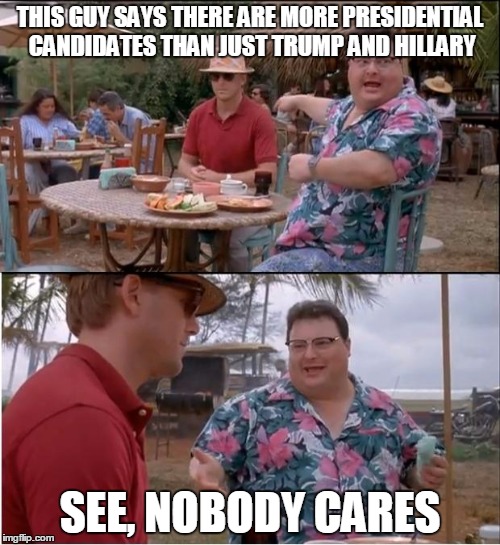 Sad, yet true | THIS GUY SAYS THERE ARE MORE PRESIDENTIAL CANDIDATES THAN JUST TRUMP AND HILLARY; SEE, NOBODY CARES | image tagged in memes,see nobody cares,president 2016,presidential race,trump,hillary | made w/ Imgflip meme maker