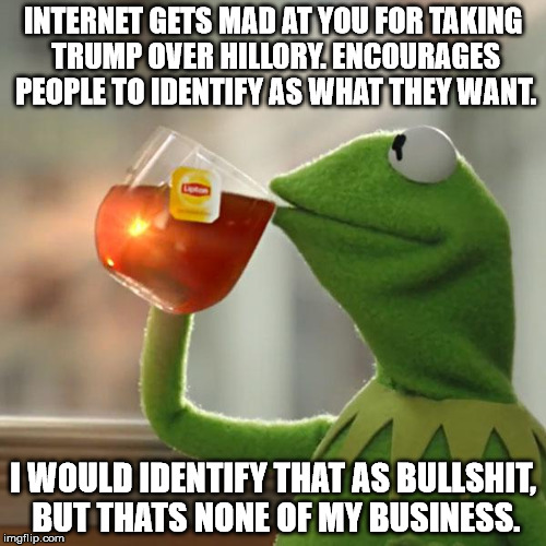 But That's None Of My Business | INTERNET GETS MAD AT YOU FOR TAKING TRUMP OVER HILLORY. ENCOURAGES PEOPLE TO IDENTIFY AS WHAT THEY WANT. I WOULD IDENTIFY THAT AS BULLSHIT, BUT THATS NONE OF MY BUSINESS. | image tagged in memes,but thats none of my business,kermit the frog | made w/ Imgflip meme maker