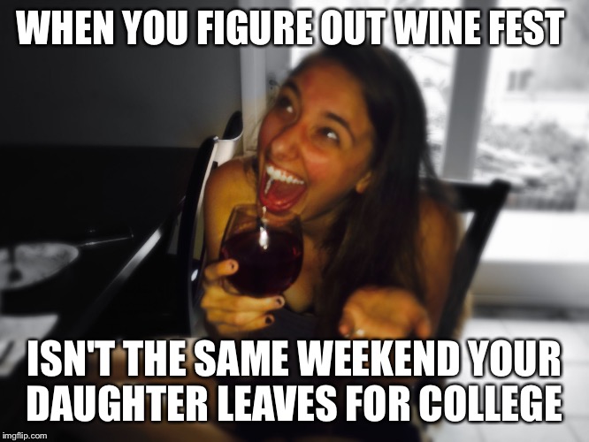 Who Knows?! Wine Girl | WHEN YOU FIGURE OUT WINE FEST; ISN'T THE SAME WEEKEND YOUR DAUGHTER LEAVES FOR COLLEGE | image tagged in who knows wine girl | made w/ Imgflip meme maker