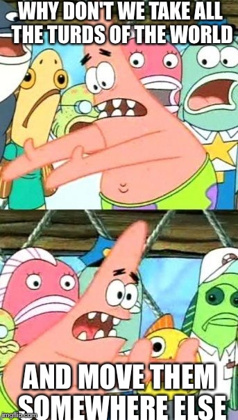 No turds patrick | WHY DON'T WE TAKE ALL THE TURDS OF THE WORLD; AND MOVE THEM SOMEWHERE ELSE | image tagged in memes,put it somewhere else patrick | made w/ Imgflip meme maker