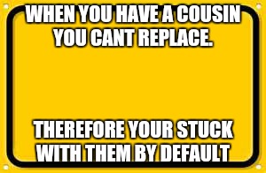 Blank Yellow Sign | WHEN YOU HAVE A COUSIN YOU CANT REPLACE. THEREFORE YOUR STUCK WITH THEM BY DEFAULT | image tagged in memes,blank yellow sign | made w/ Imgflip meme maker