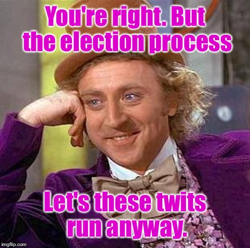 Creepy Condescending Wonka Meme | You're right. But the election process Let's these twits run anyway. | image tagged in memes,creepy condescending wonka | made w/ Imgflip meme maker