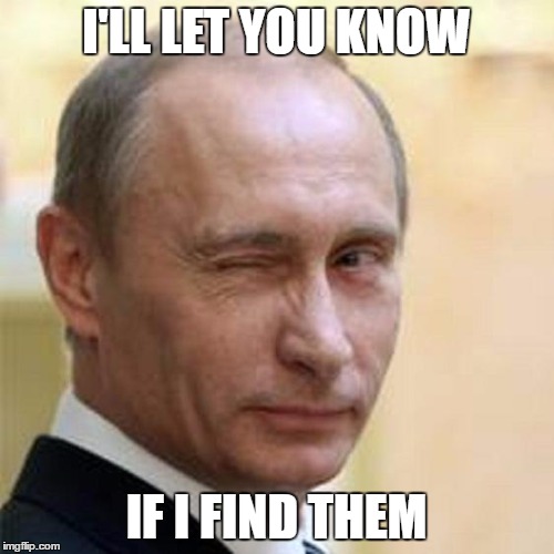 Putin Wink | I'LL LET YOU KNOW IF I FIND THEM | image tagged in putin wink | made w/ Imgflip meme maker