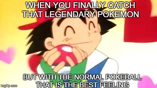 WHEN YOU FINALLY CATCH THAT LEGENDARY POKEMON; BUT WITH THE NORMAL POKEBALL THAT IS THE BEST FEELING | image tagged in pokemon ashketchum | made w/ Imgflip meme maker