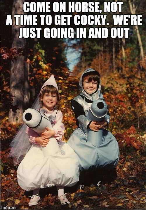 Awkward family photo horse costume children | COME ON HORSE, NOT A TIME TO GET COCKY.  WE'RE JUST GOING IN AND OUT | image tagged in awkward family photo horse costume children | made w/ Imgflip meme maker