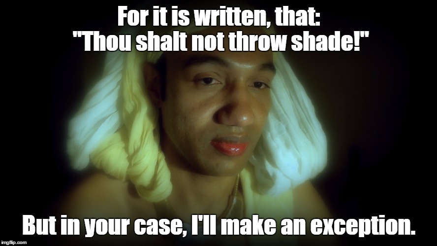 For it is written, that: "Thou shalt not throw shade!"; But in your case, I'll make an exception. | image tagged in shade,marcel,duvoix,gifs,memes,funny | made w/ Imgflip meme maker