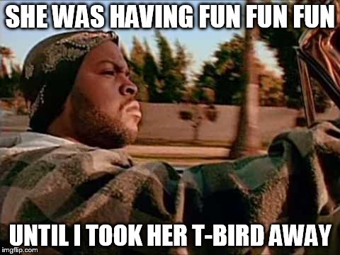 Today Was A Good Day | SHE WAS HAVING FUN FUN FUN; UNTIL I TOOK HER T-BIRD AWAY | image tagged in memes,today was a good day | made w/ Imgflip meme maker