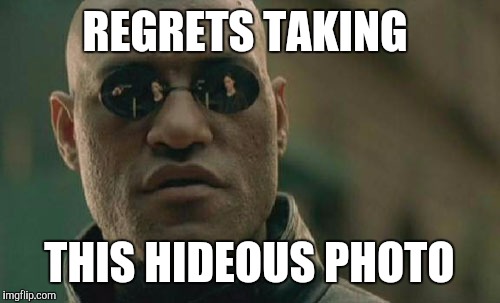 Matrix Morpheus | REGRETS TAKING; THIS HIDEOUS PHOTO | image tagged in memes,matrix morpheus,ugly | made w/ Imgflip meme maker