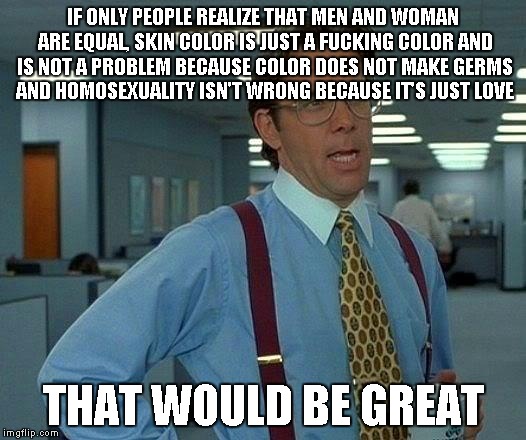 That Would Be Great Meme | IF ONLY PEOPLE REALIZE THAT MEN AND WOMAN ARE EQUAL, SKIN COLOR IS JUST A F**KING COLOR AND IS NOT A PROBLEM BECAUSE COLOR DOES NOT MAKE GER | image tagged in memes,that would be great | made w/ Imgflip meme maker