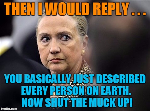 upset hillary | THEN I WOULD REPLY . . . YOU BASICALLY JUST DESCRIBED EVERY PERSON ON EARTH.  NOW SHUT THE MUCK UP! | image tagged in upset hillary | made w/ Imgflip meme maker