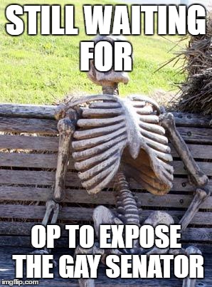 Waiting Skeleton | STILL WAITING FOR; OP TO EXPOSE THE GAY SENATOR | image tagged in memes,waiting skeleton | made w/ Imgflip meme maker