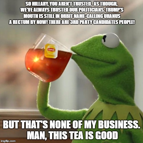 But That's None Of My Business Meme | SO HILLARY, YOU AREN'T TRUSTED.  AS THOUGH, WE'VE ALWAYS TRUSTED OUR POLITICIANS. TRUMP'S MOUTH IS STILL IN ORBIT NAME-CALLING URANUS A RECTUM BY NOW! THERE ARE 3RD PARTY CANDIDATES PEOPLE! BUT THAT'S NONE OF MY BUSINESS. MAN, THIS TEA IS GOOD | image tagged in memes,but thats none of my business,kermit the frog | made w/ Imgflip meme maker