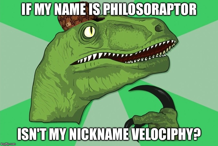 Philosoraptor | IF MY NAME IS PHILOSORAPTOR; ISN'T MY NICKNAME VELOCIPHY? | image tagged in philosoraptor,scumbag | made w/ Imgflip meme maker