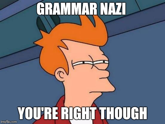 Futurama Fry Meme | GRAMMAR NAZI YOU'RE RIGHT THOUGH | image tagged in memes,futurama fry | made w/ Imgflip meme maker