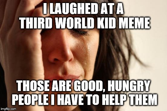 First World Problems | I LAUGHED AT A THIRD WORLD KID MEME; THOSE ARE GOOD, HUNGRY PEOPLE I HAVE TO HELP THEM | image tagged in memes,first world problems | made w/ Imgflip meme maker