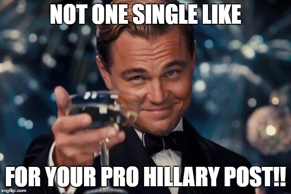 Leonardo Dicaprio Cheers | NOT ONE SINGLE LIKE; FOR YOUR PRO HILLARY POST!! | image tagged in memes,leonardo dicaprio cheers | made w/ Imgflip meme maker