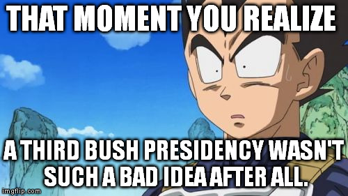 Surprized Vegeta Meme | THAT MOMENT YOU REALIZE; A THIRD BUSH PRESIDENCY WASN'T SUCH A BAD IDEA AFTER ALL. | image tagged in memes,surprized vegeta | made w/ Imgflip meme maker