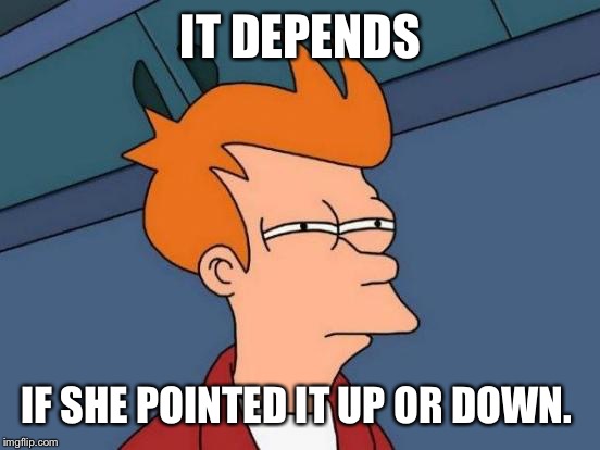Futurama Fry Meme | IT DEPENDS IF SHE POINTED IT UP OR DOWN. | image tagged in memes,futurama fry | made w/ Imgflip meme maker