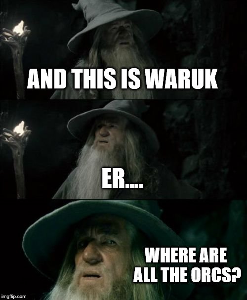 Confused Gandalf Meme | AND THIS IS WARUK; ER.... WHERE ARE ALL THE ORCS? | image tagged in memes,confused gandalf | made w/ Imgflip meme maker