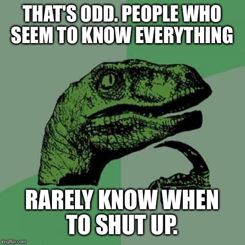 Philosoraptor Meme | THAT'S ODD. PEOPLE WHO SEEM TO KNOW EVERYTHING; RARELY KNOW WHEN TO SHUT UP. | image tagged in memes,philosoraptor | made w/ Imgflip meme maker