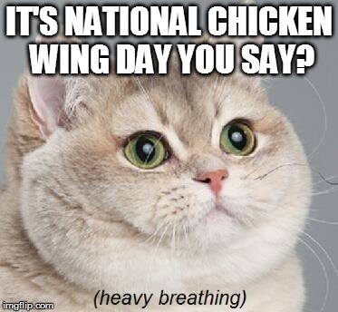 Heavy Breathing Cat Meme | IT'S NATIONAL CHICKEN WING DAY YOU SAY? | image tagged in memes,heavy breathing cat | made w/ Imgflip meme maker
