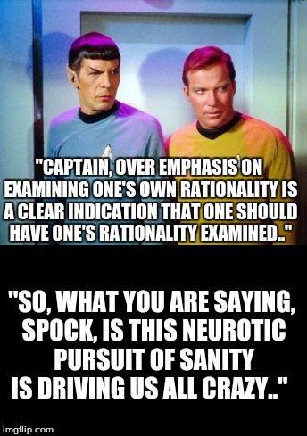 "CAPTAIN, OVER EMPHASIS ON EXAMINING ONE'S OWN RATIONALITY IS A CLEAR INDICATION THAT ONE SHOULD HAVE ONE'S RATIONALITY EXAMINED.."; "SO, WHAT YOU ARE SAYING, SPOCK, IS THIS NEUROTIC PURSUIT OF SANITY IS DRIVING US ALL CRAZY.." | image tagged in tv | made w/ Imgflip meme maker