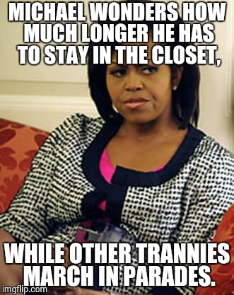 Michelle Obama is not pleased |  MICHAEL WONDERS HOW MUCH LONGER HE HAS TO STAY IN THE CLOSET, WHILE OTHER TRANNIES MARCH IN PARADES. | image tagged in michelle obama is not pleased | made w/ Imgflip meme maker