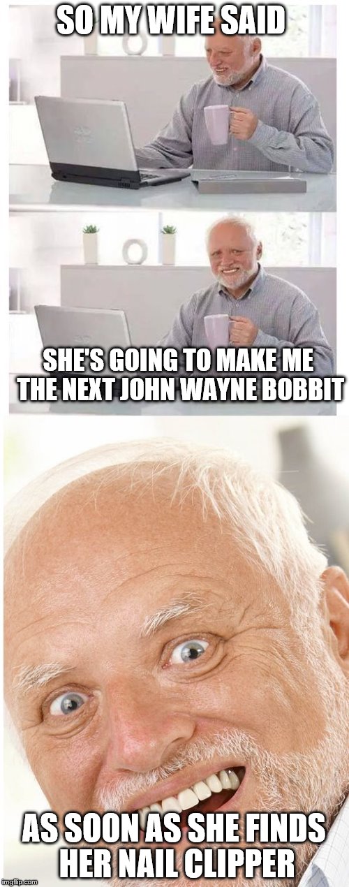 SO MY WIFE SAID; SHE'S GOING TO MAKE ME THE NEXT JOHN WAYNE BOBBIT; AS SOON AS SHE FINDS HER NAIL CLIPPER | image tagged in hide the pain harold | made w/ Imgflip meme maker