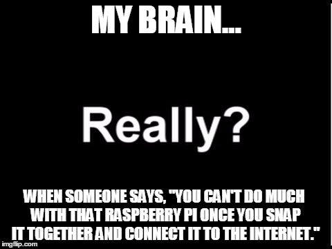  MY BRAIN... WHEN SOMEONE SAYS, "YOU CAN'T DO MUCH WITH THAT RASPBERRY PI ONCE YOU SNAP IT TOGETHER AND CONNECT IT TO THE INTERNET." | image tagged in raspberry pi,makerspace,stem,makers,technology | made w/ Imgflip meme maker
