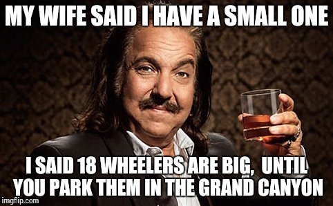 Men logic  | MY WIFE SAID I HAVE A SMALL ONE I SAID 18 WHEELERS ARE BIG,  UNTIL YOU PARK THEM IN THE GRAND CANYON | image tagged in ron j,memes,joke,ron jeremy | made w/ Imgflip meme maker