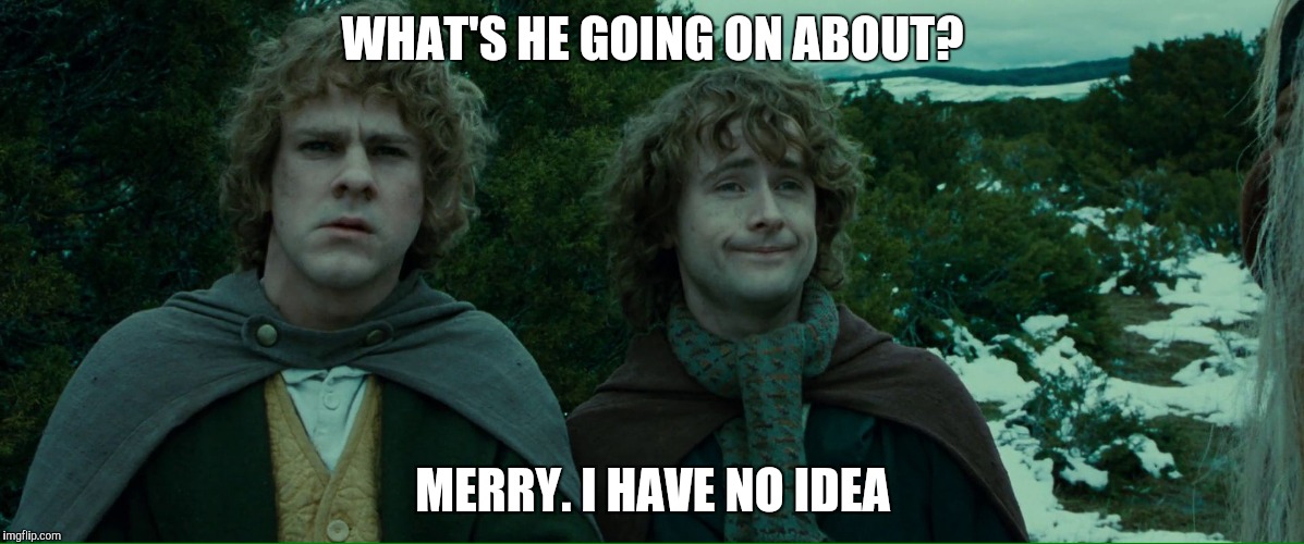 Lord of the Rings LOTR Elevenses | WHAT'S HE GOING ON ABOUT? MERRY. I HAVE NO IDEA | image tagged in lord of the rings lotr elevenses | made w/ Imgflip meme maker