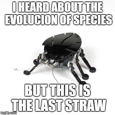 the last straw | I HEARD ABOUT THE EVOLUCION OF SPECIES; BUT THIS IS THE LAST STRAW | image tagged in bugs,science,robots | made w/ Imgflip meme maker