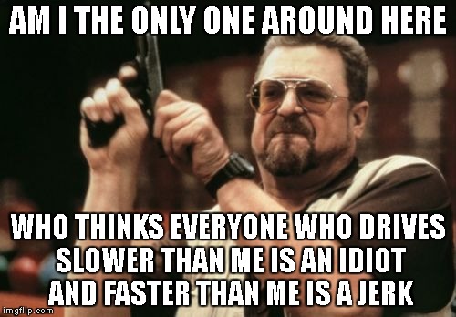 Am I The Only One Around Here | AM I THE ONLY ONE AROUND HERE; WHO THINKS EVERYONE WHO DRIVES SLOWER THAN ME IS AN IDIOT AND FASTER THAN ME IS A JERK | image tagged in memes,am i the only one around here | made w/ Imgflip meme maker