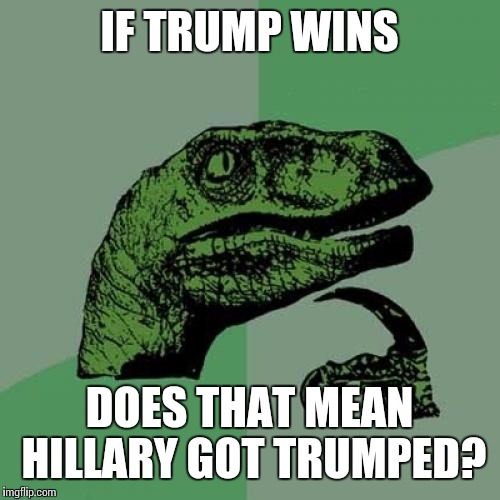 Philosoraptor | IF TRUMP WINS; DOES THAT MEAN HILLARY GOT TRUMPED? | image tagged in memes,philosoraptor | made w/ Imgflip meme maker