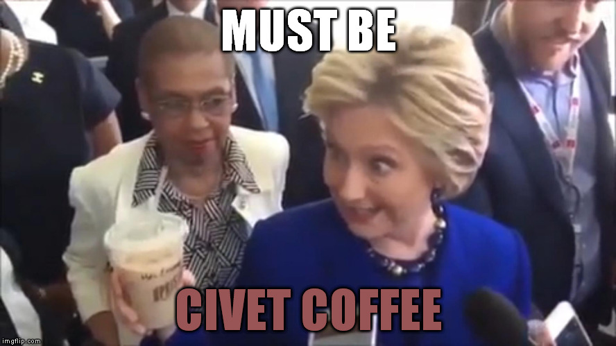 Her mouth usually is full of bullshit, what difference does it make? | MUST BE; CIVET COFFEE | image tagged in hillary caffeine head,memes,hillary clinton for jail 2016,biased media,government corruption | made w/ Imgflip meme maker