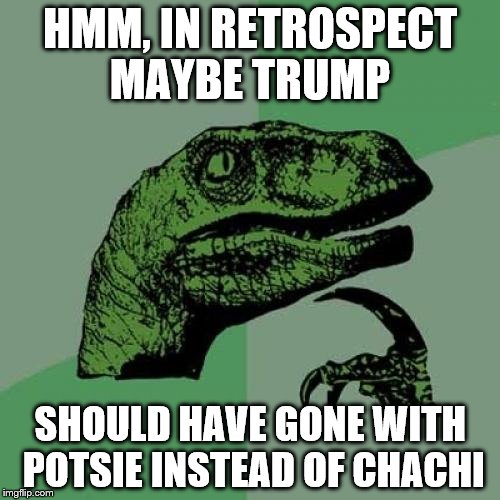 Philosoraptor Meme | HMM, IN RETROSPECT MAYBE TRUMP; SHOULD HAVE GONE WITH POTSIE INSTEAD OF CHACHI | image tagged in memes,philosoraptor | made w/ Imgflip meme maker