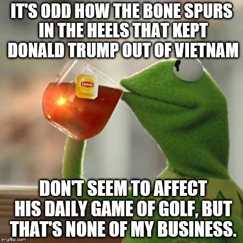 But That's None Of My Business | IT'S ODD HOW THE BONE SPURS IN THE HEELS THAT KEPT DONALD TRUMP OUT OF VIETNAM; DON'T SEEM TO AFFECT HIS DAILY GAME OF GOLF, BUT THAT'S NONE OF MY BUSINESS. | image tagged in memes,but thats none of my business,kermit the frog | made w/ Imgflip meme maker