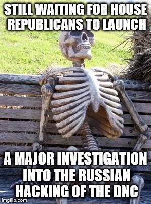 Waiting Skeleton Meme | STILL WAITING FOR HOUSE REPUBLICANS TO LAUNCH; A MAJOR INVESTIGATION INTO THE RUSSIAN HACKING OF THE DNC | image tagged in memes,waiting skeleton | made w/ Imgflip meme maker