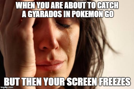 First World Problems Meme | WHEN YOU ARE ABOUT TO CATCH A GYARADOS IN POKEMON GO; BUT THEN YOUR SCREEN FREEZES | image tagged in memes,first world problems | made w/ Imgflip meme maker