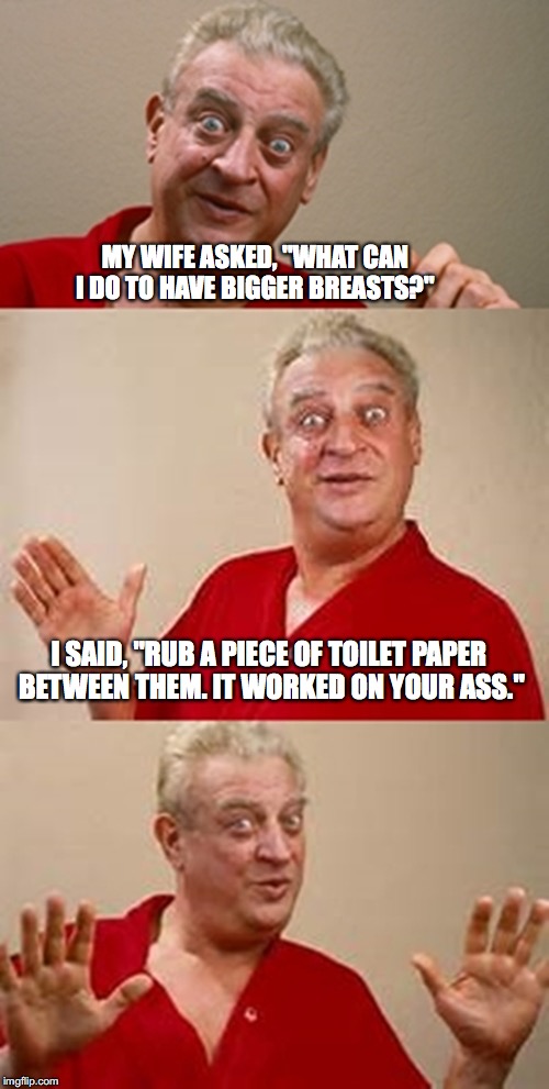 No Silicone Zone | MY WIFE ASKED, "WHAT CAN I DO TO HAVE BIGGER BREASTS?"; I SAID, "RUB A PIECE OF TOILET PAPER BETWEEN THEM. IT WORKED ON YOUR ASS." | image tagged in rodney dangerfield,cosmetics,toilet humor,breasts | made w/ Imgflip meme maker