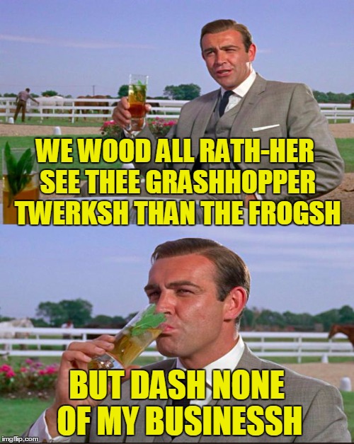 WE WOOD ALL RATH-HER SEE THEE GRASHHOPPER TWERKSH THAN THE FROGSH BUT DASH NONE OF MY BUSINESSH | made w/ Imgflip meme maker