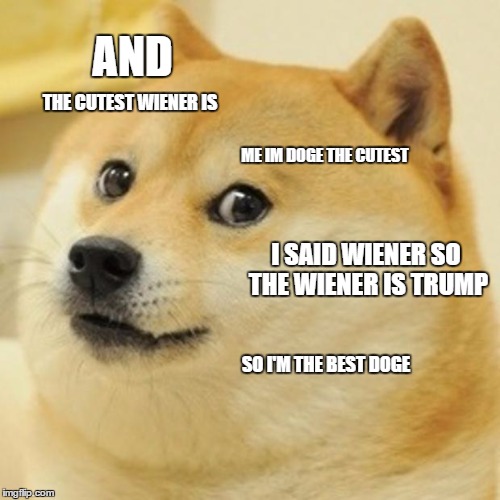 Doge | AND; THE CUTEST WIENER IS; ME IM DOGE THE CUTEST; I SAID WIENER SO THE WIENER IS TRUMP; SO I'M THE BEST DOGE | image tagged in memes,doge | made w/ Imgflip meme maker