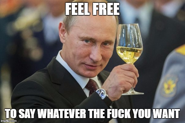 Putin Cheers | FEEL FREE TO SAY WHATEVER THE F**K YOU WANT | image tagged in putin cheers | made w/ Imgflip meme maker