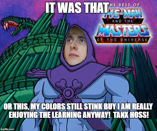 IT WAS THAT OR THIS, MY COLORS STILL STINK BUY I AM REALLY ENJOYING THE LEARNING ANYWAY!  TANX HOSS! | image tagged in funny memes,he-man,he man and skeletor,paxxx | made w/ Imgflip meme maker