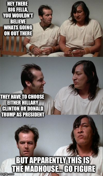 Crazy, huh? |  HEY THERE BIG FELLA, YOU WOULDN'T BELIEVE WHATS GOING ON OUT THERE; THEY HAVE TO CHOOSE EITHER HILLARY CLINTON OR DONALD TRUMP AS PRESIDENT; BUT APPARENTLY THIS IS THE MADHOUSE...
GO FIGURE | image tagged in jack nicholson,hillary clinton,donald trump,trump,clinton,election | made w/ Imgflip meme maker