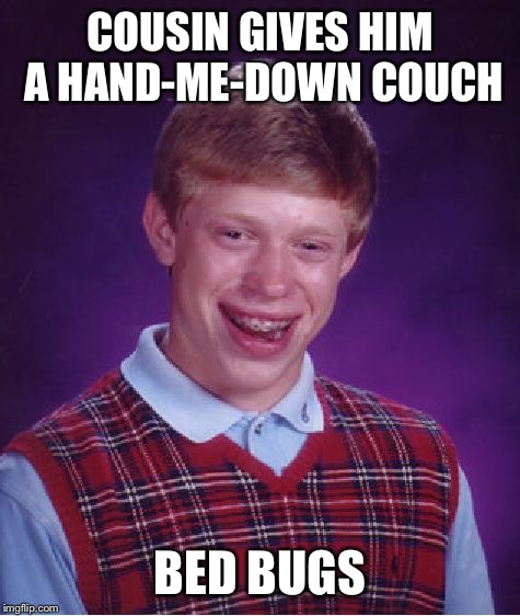 Bad Luck Brian Meme | COUSIN GIVES HIM A HAND-ME-DOWN COUCH; BED BUGS | image tagged in memes,bad luck brian | made w/ Imgflip meme maker