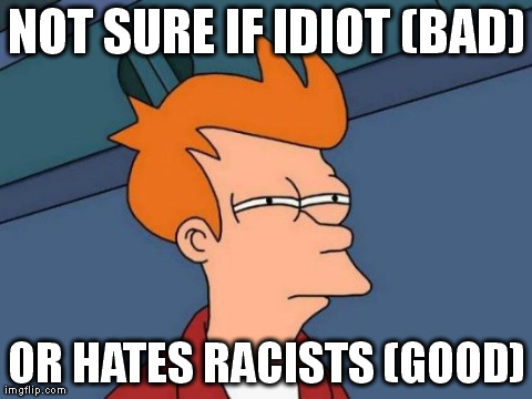 Futurama Fry Meme | NOT SURE IF IDIOT (BAD) OR HATES RACISTS (GOOD) | image tagged in memes,futurama fry | made w/ Imgflip meme maker