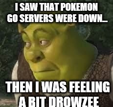 shrek excused | I SAW THAT POKEMON GO SERVERS WERE DOWN... THEN I WAS FEELING A BIT DROWZEE | image tagged in shrek excused | made w/ Imgflip meme maker